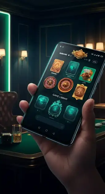 Interface utilisateur de Lucky8 Casino affichant une mosaïque de jeux populaires, incluant des machines à sous colorées et des tables de casino en direct, avec des jetons virtuels au premier plan.